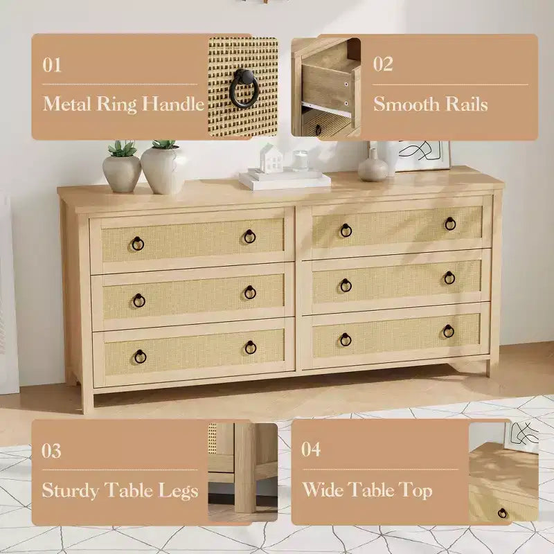 Commode 7 tiroirs en rotin, commode bohème pour chambre à coucher, commode, organisateur de placard, commode en bois naturel pour chambre à coucher, salon, entrée