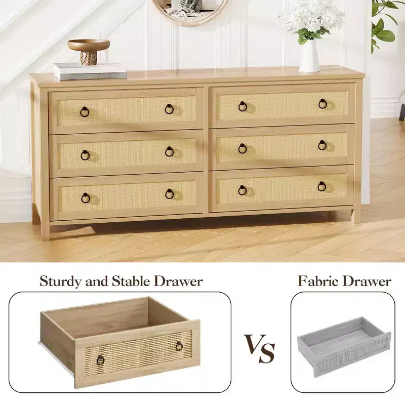 Commode 7 tiroirs en rotin, commode bohème pour chambre à coucher, commode, organisateur de placard, commode en bois naturel pour chambre à coucher, salon, entrée
