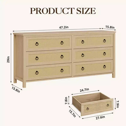 Commode 7 tiroirs en rotin, commode bohème pour chambre à coucher, commode, organisateur de placard, commode en bois naturel pour chambre à coucher, salon, entrée
