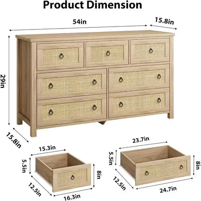 Commode 7 tiroirs en rotin, commode bohème pour chambre à coucher, commode, organisateur de placard, commode en bois naturel pour chambre à coucher, salon, entrée