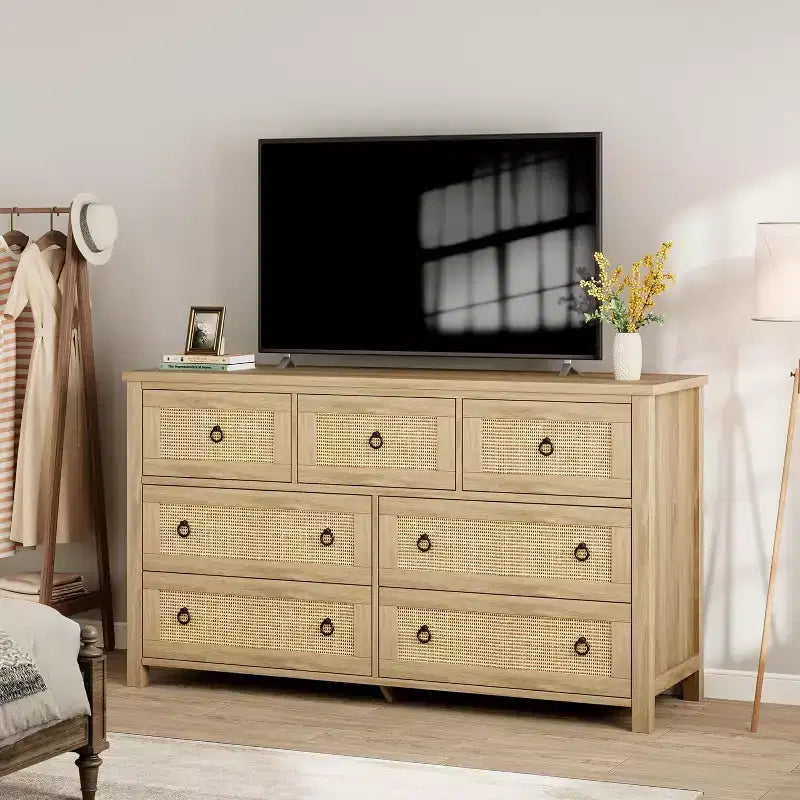 Commode 7 tiroirs en rotin, commode bohème pour chambre à coucher, commode, organisateur de placard, commode en bois naturel pour chambre à coucher, salon, entrée
