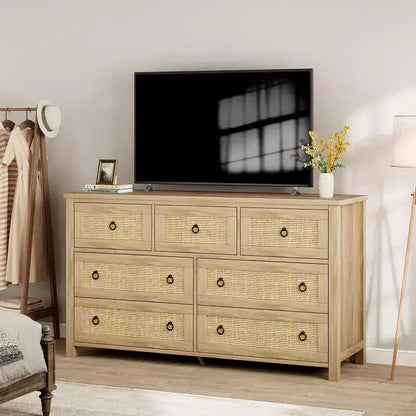 Commode 7 tiroirs en rotin, commode bohème pour chambre à coucher, commode, organisateur de placard, commode en bois naturel pour chambre à coucher, salon, entrée