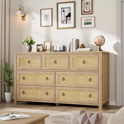Commode 7 tiroirs en rotin, commode bohème pour chambre à coucher, commode, organisateur de placard, commode en bois naturel pour chambre à coucher, salon, entrée