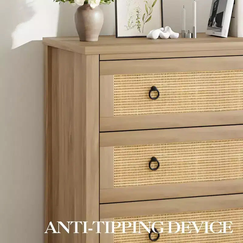 Commode 7 tiroirs en rotin, commode bohème pour chambre à coucher, commode, organisateur de placard, commode en bois naturel pour chambre à coucher, salon, entrée