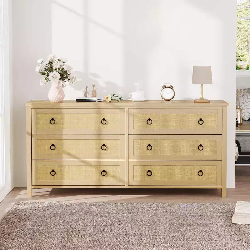 Commode 7 tiroirs en rotin, commode bohème pour chambre à coucher, commode, organisateur de placard, commode en bois naturel pour chambre à coucher, salon, entrée
