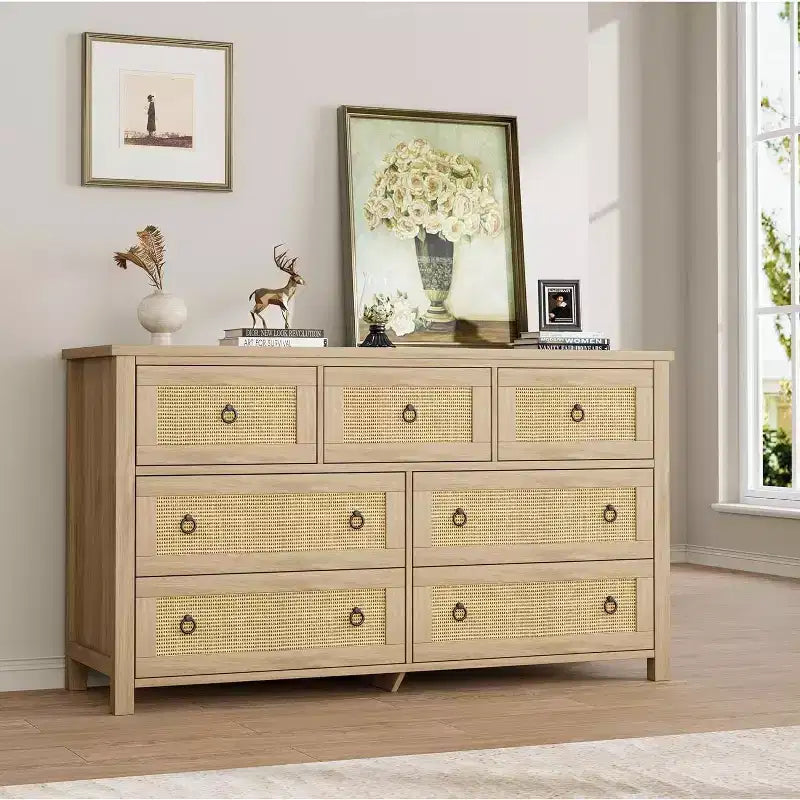 Commode 7 tiroirs en rotin, commode bohème pour chambre à coucher, commode, organisateur de placard, commode en bois naturel pour chambre à coucher, salon, entrée