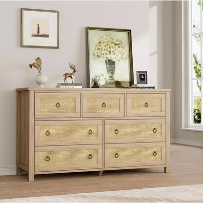 Commode 7 tiroirs en rotin, commode bohème pour chambre à coucher, commode, organisateur de placard, commode en bois naturel pour chambre à coucher, salon, entrée