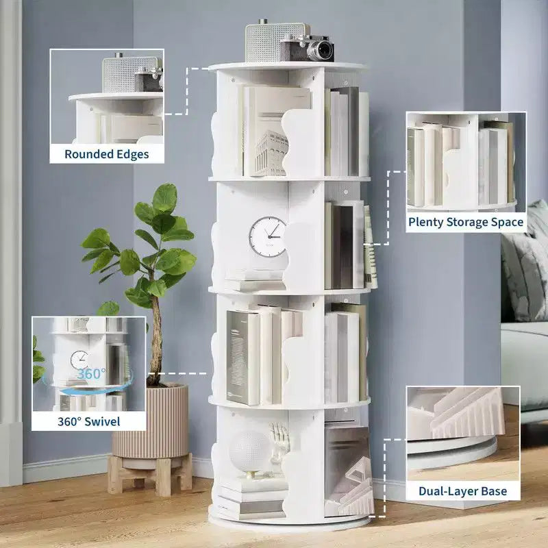 Coolmee 4 Tier Rotating Bookshelf Tower, Spinning Corner Bookshelf for Small Spaces, Revolving 360 Degree Bookcase Storage Rack Tower