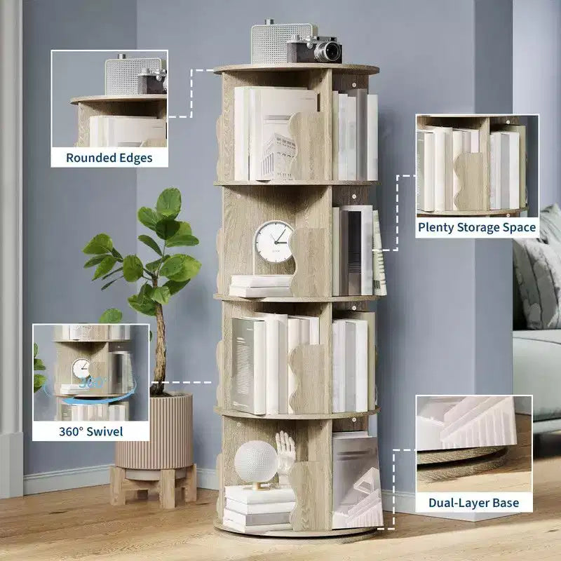 Coolmee 4 Tier Rotating Bookshelf Tower, Spinning Corner Bookshelf for Small Spaces, Revolving 360 Degree Bookcase Storage Rack Tower