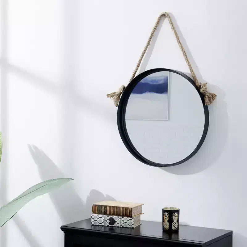 Danya B. Black Iron Framed Round Accent Mirror with Hanging Rope - 15 in. or 18 in.