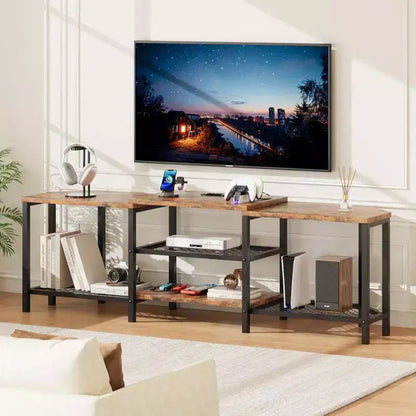 TV Stand with 4 Open Storage Shelves, Corner Entertainment Center with Power Outlet