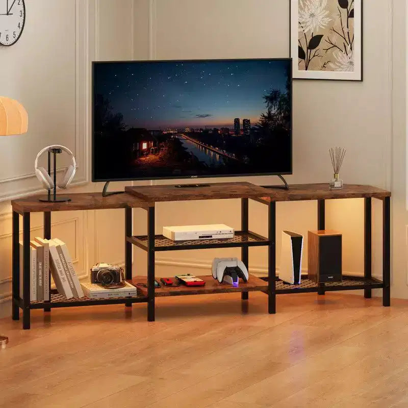 TV Stand with 4 Open Storage Shelves, Corner Entertainment Center with Power Outlet