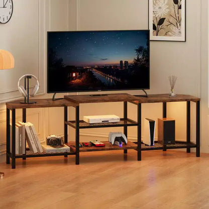 TV Stand with 4 Open Storage Shelves, Corner Entertainment Center with Power Outlet