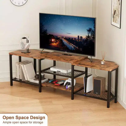 TV Stand with 4 Open Storage Shelves, Corner Entertainment Center with Power Outlet