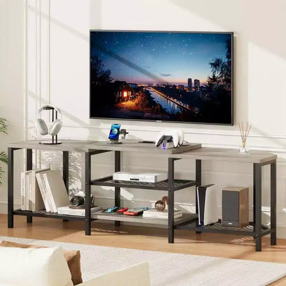 TV Stand with 4 Open Storage Shelves, Corner Entertainment Center with Power Outlet