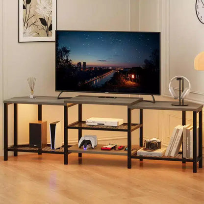TV Stand with 4 Open Storage Shelves, Corner Entertainment Center with Power Outlet