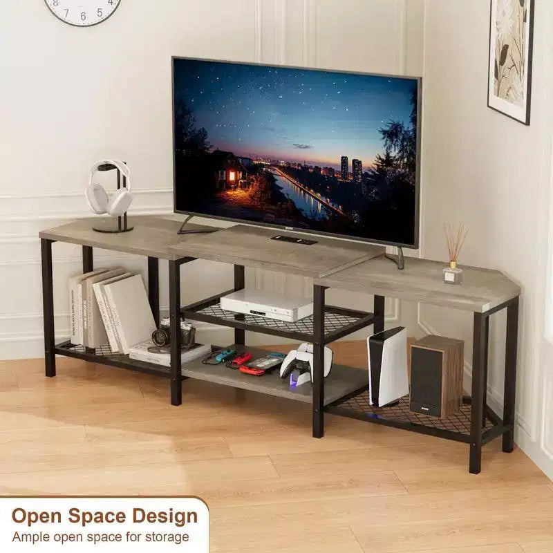 TV Stand with 4 Open Storage Shelves, Corner Entertainment Center with Power Outlet