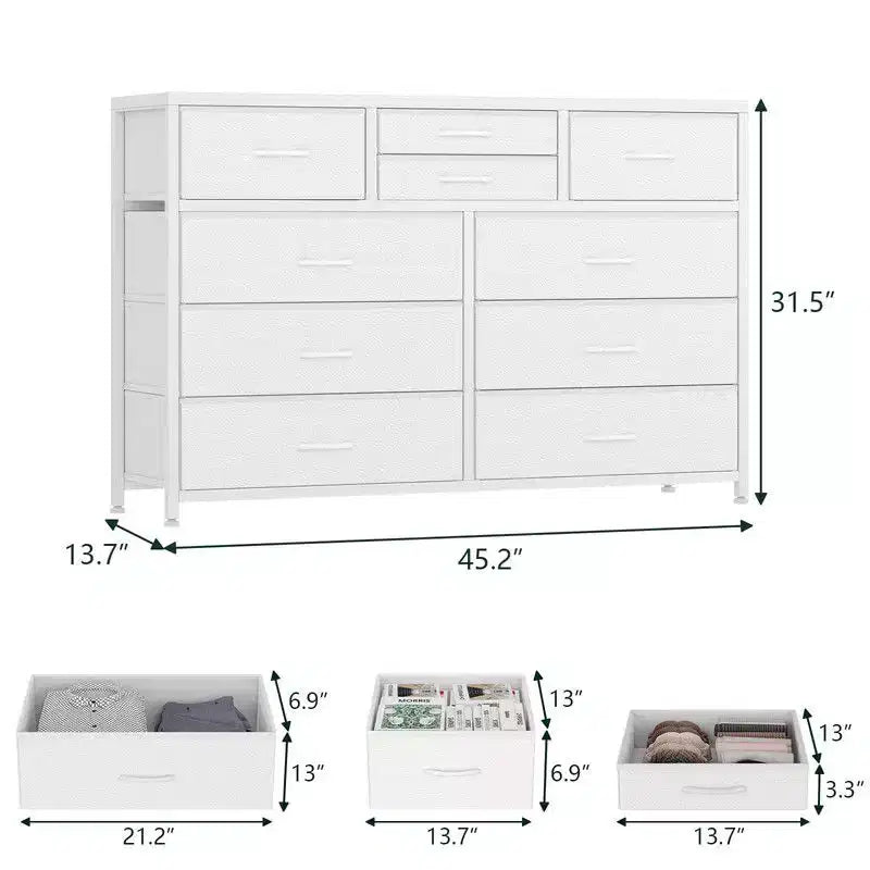 Commode à 10 tiroirs en tissu pour chambre, Commode de rangement moderne
