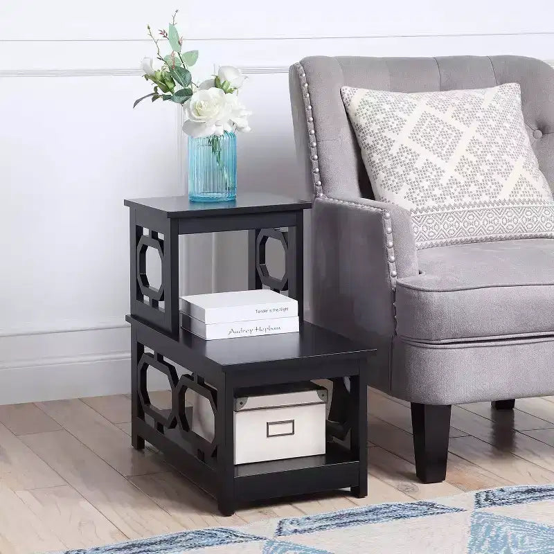 HomeStock Belmont 2 Step Chairside End Table with Contemporary L Shape Design, Three Tier Storage Shelves for Living Room or Home Office Use
