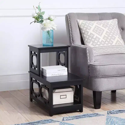 HomeStock Belmont 2 Step Chairside End Table with Contemporary L Shape Design, Three Tier Storage Shelves for Living Room or Home Office Use