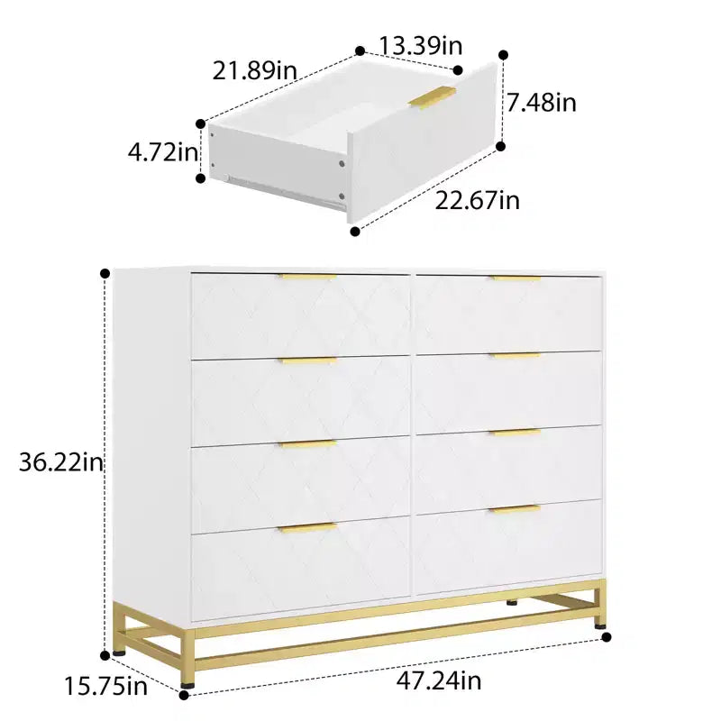 Commode à 8 tiroirs pour chambre à coucher, commode en bois avec poignées métalliques et 8 tiroirs, commode en bois pour le rangement et l'organisation de la maison