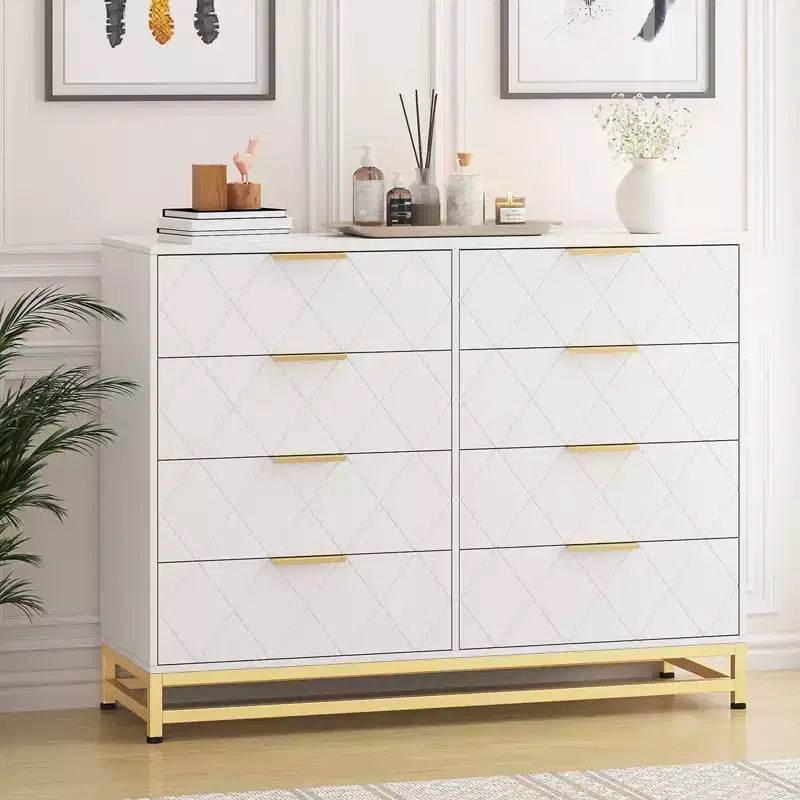 Commode à 8 tiroirs pour chambre à coucher, commode en bois avec poignées métalliques et 8 tiroirs, commode en bois pour le rangement et l'organisation de la maison