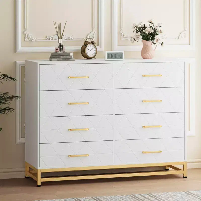 Commode à 8 tiroirs pour chambre à coucher, commode en bois avec poignées métalliques et 8 tiroirs, commode en bois pour le rangement et l'organisation de la maison