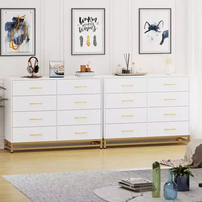 Commode à 8 tiroirs pour chambre à coucher, commode en bois avec poignées métalliques et 8 tiroirs, commode en bois pour le rangement et l'organisation de la maison