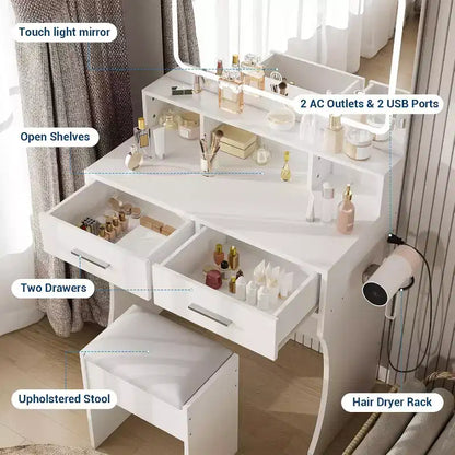 COZONY Makeup Vanity Desk with Mirror and Lights, Girls Vanity Table with Drawers, Open Shelves & Cushioned Stool, Wooden Dressing Table for Bedroom