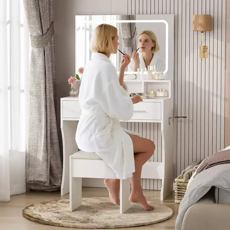 COZONY Makeup Vanity Desk with Mirror and Lights, Girls Vanity Table with Drawers, Open Shelves & Cushioned Stool, Wooden Dressing Table for Bedroom
