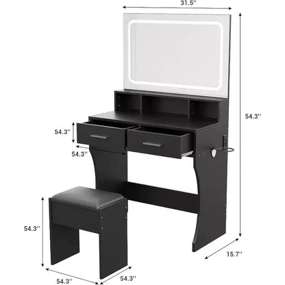 COZONY Makeup Vanity Desk with Mirror and Lights, Girls Vanity Table with Drawers, Open Shelves & Cushioned Stool, Wooden Dressing Table for Bedroom