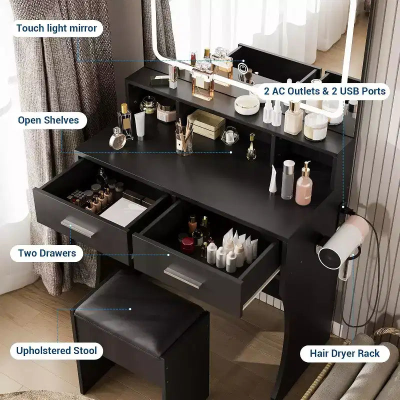 COZONY Makeup Vanity Desk with Mirror and Lights, Girls Vanity Table with Drawers, Open Shelves & Cushioned Stool, Wooden Dressing Table for Bedroom