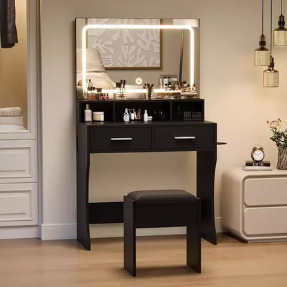 COZONY Makeup Vanity Desk with Mirror and Lights, Girls Vanity Table with Drawers, Open Shelves & Cushioned Stool, Wooden Dressing Table for Bedroom
