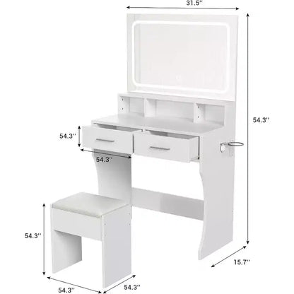 COZONY Makeup Vanity Desk with Mirror and Lights, Girls Vanity Table with Drawers, Open Shelves & Cushioned Stool, Wooden Dressing Table for Bedroom