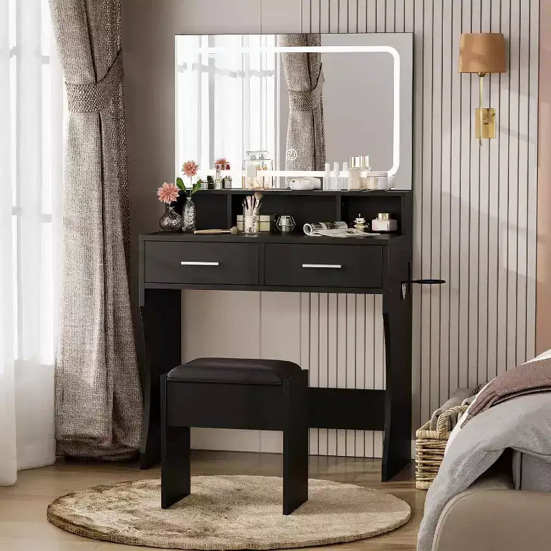 COZONY Makeup Vanity Desk with Mirror and Lights, Girls Vanity Table with Drawers, Open Shelves & Cushioned Stool, Wooden Dressing Table for Bedroom