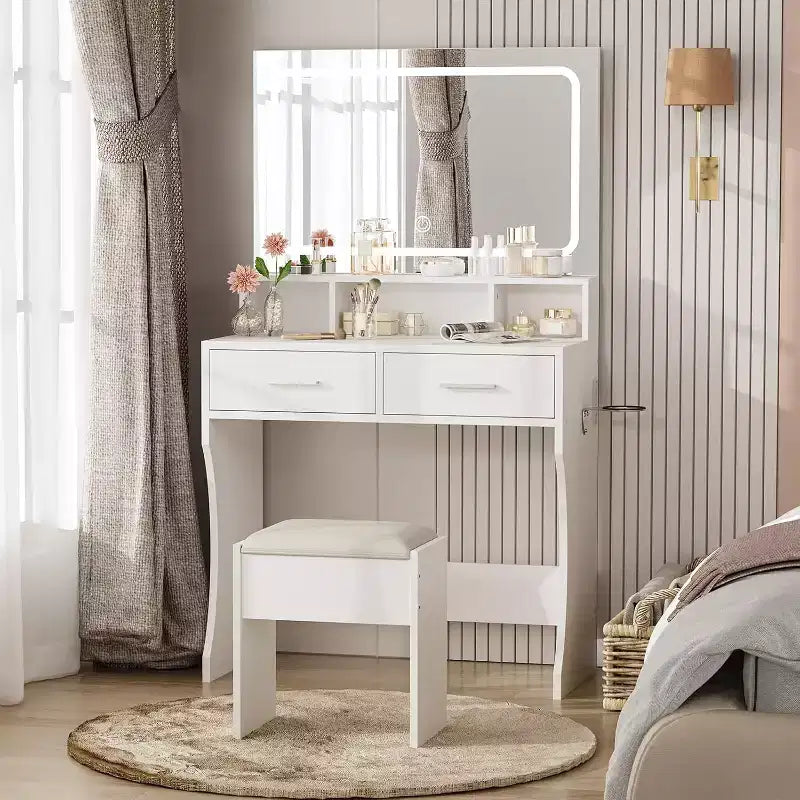 COZONY Makeup Vanity Desk with Mirror and Lights, Girls Vanity Table with Drawers, Open Shelves & Cushioned Stool, Wooden Dressing Table for Bedroom