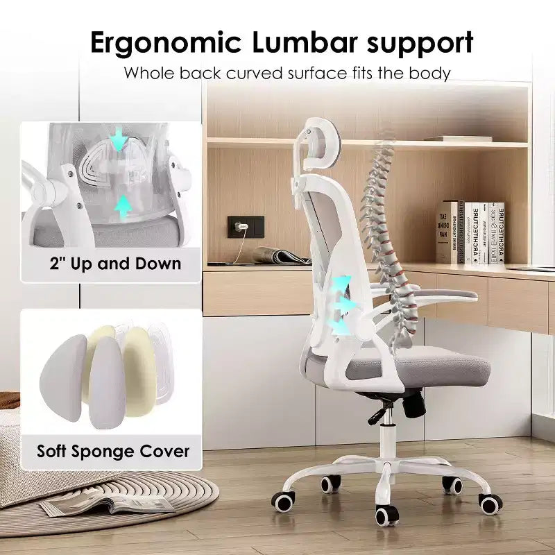Okak Desk Chair with Wheels, Office Chair with Flip-Up Arms, Adjustable Headrest&Lumbar Support for Office, Study, Reading Room