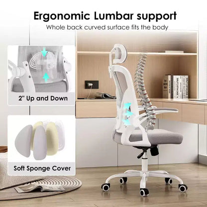 Okak Desk Chair with Wheels, Office Chair with Flip-Up Arms, Adjustable Headrest&Lumbar Support for Office, Study, Reading Room