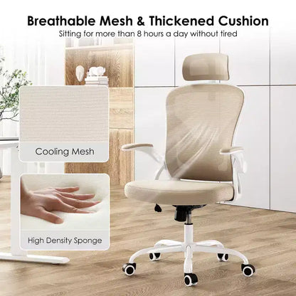 Okak Desk Chair with Wheels, Office Chair with Flip-Up Arms, Adjustable Headrest&Lumbar Support for Office, Study, Reading Room