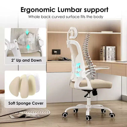 Okak Desk Chair with Wheels, Office Chair with Flip-Up Arms, Adjustable Headrest&Lumbar Support for Office, Study, Reading Room