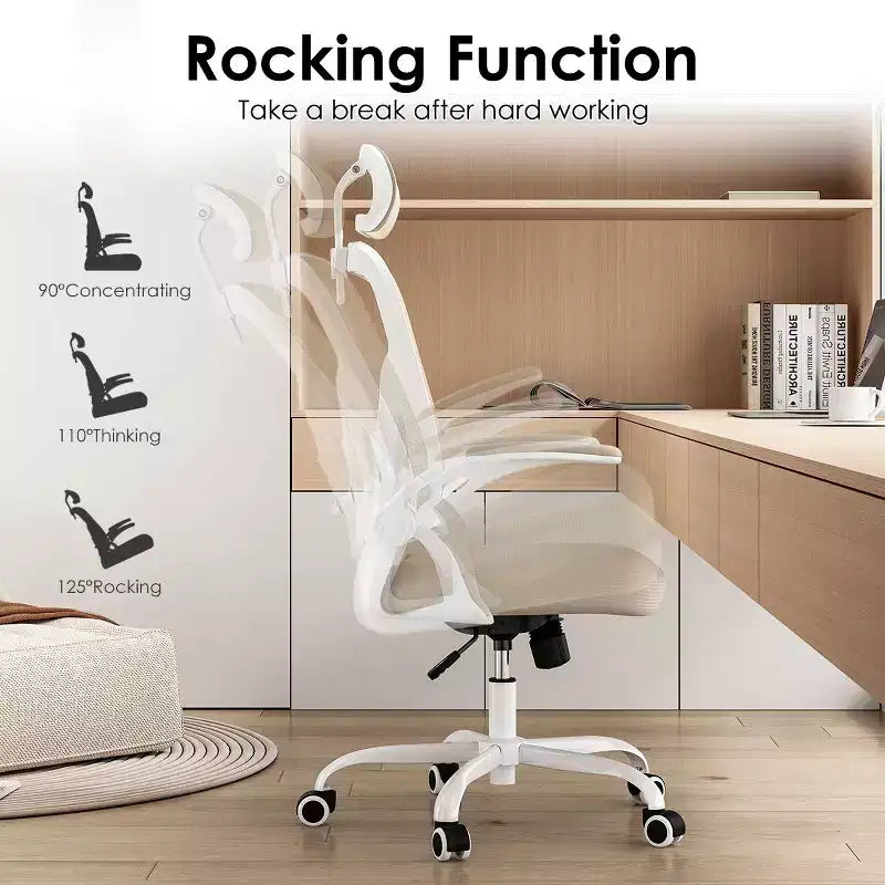 Okak Desk Chair with Wheels, Office Chair with Flip-Up Arms, Adjustable Headrest&Lumbar Support for Office, Study, Reading Room