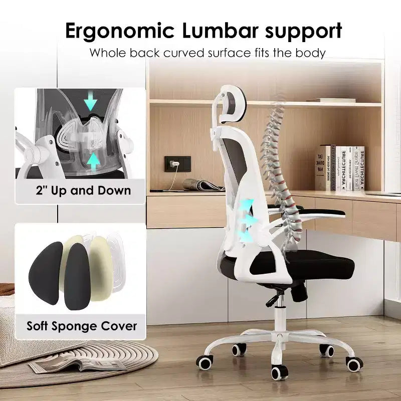 Okak Desk Chair with Wheels, Office Chair with Flip-Up Arms, Adjustable Headrest&Lumbar Support for Office, Study, Reading Room