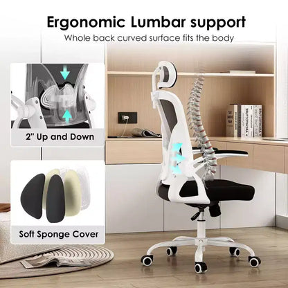 Okak Desk Chair with Wheels, Office Chair with Flip-Up Arms, Adjustable Headrest&Lumbar Support for Office, Study, Reading Room