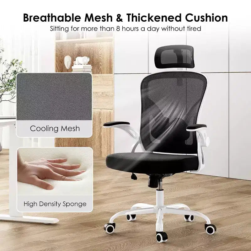 Okak Desk Chair with Wheels, Office Chair with Flip-Up Arms, Adjustable Headrest&Lumbar Support for Office, Study, Reading Room