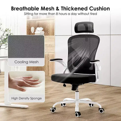 Okak Desk Chair with Wheels, Office Chair with Flip-Up Arms, Adjustable Headrest&Lumbar Support for Office, Study, Reading Room