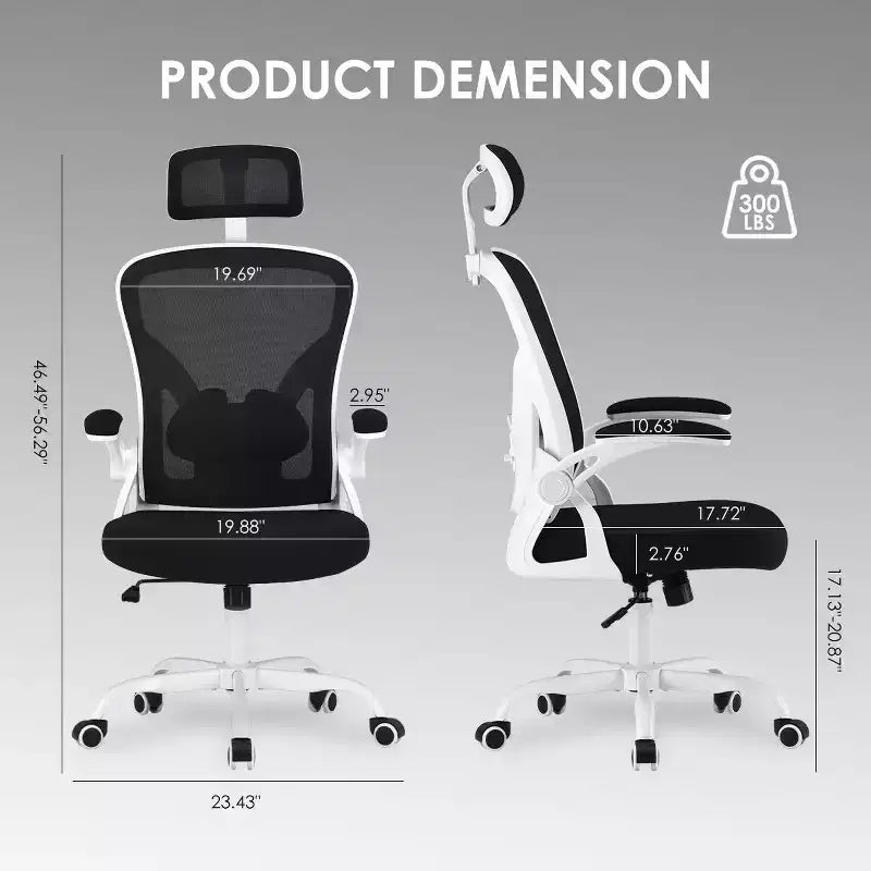 Okak Desk Chair with Wheels, Office Chair with Flip-Up Arms, Adjustable Headrest&Lumbar Support for Office, Study, Reading Room