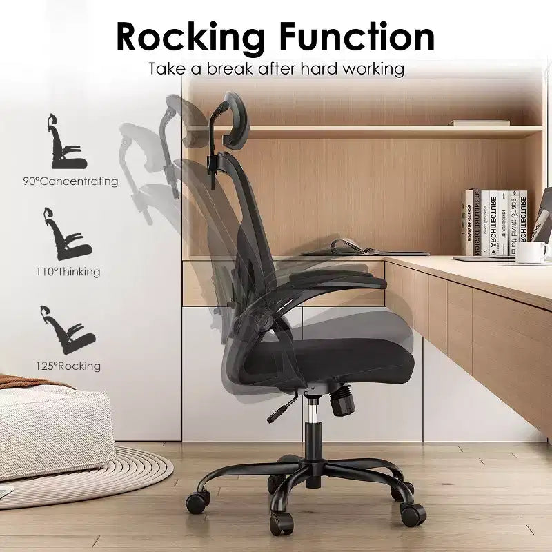 Okak Desk Chair with Wheels, Office Chair with Flip-Up Arms, Adjustable Headrest&Lumbar Support for Office, Study, Reading Room