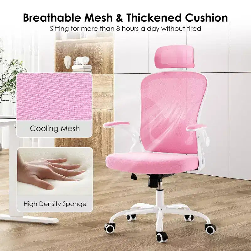 Okak Desk Chair with Wheels, Office Chair with Flip-Up Arms, Adjustable Headrest&Lumbar Support for Office, Study, Reading Room