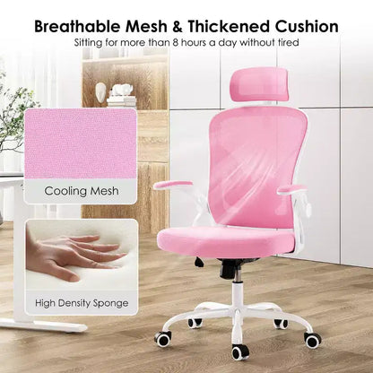 Okak Desk Chair with Wheels, Office Chair with Flip-Up Arms, Adjustable Headrest&Lumbar Support for Office, Study, Reading Room