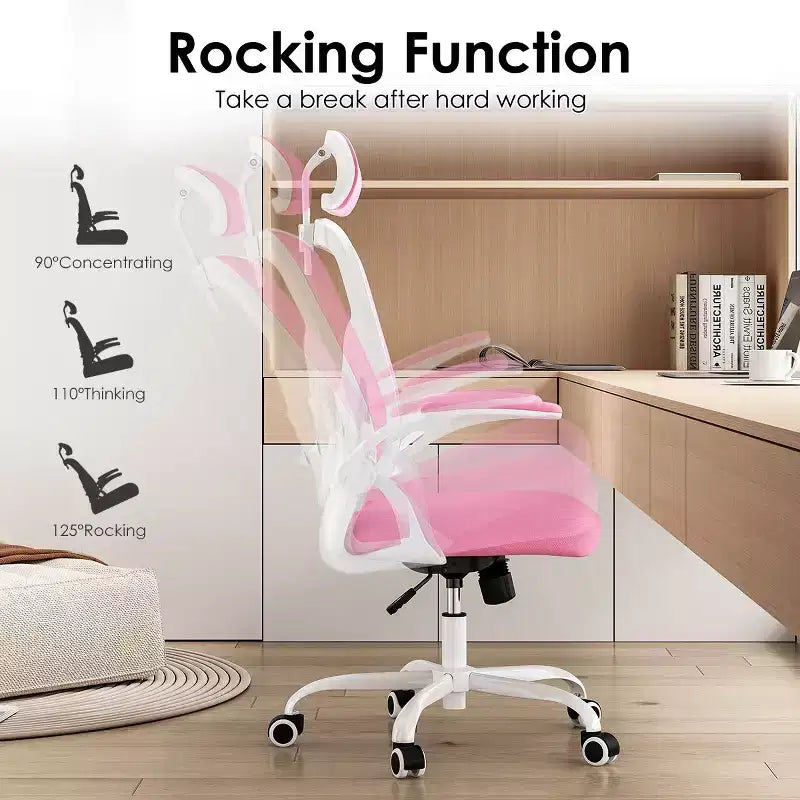 Okak Desk Chair with Wheels, Office Chair with Flip-Up Arms, Adjustable Headrest&Lumbar Support for Office, Study, Reading Room